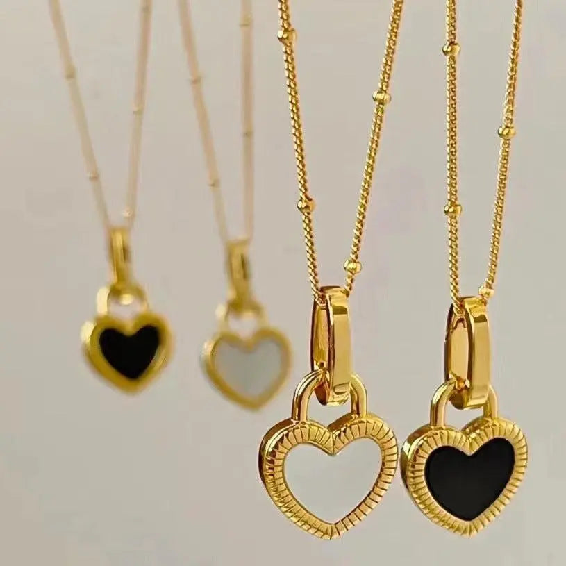 Black and White Heart Necklace in Gold Unique Joyas