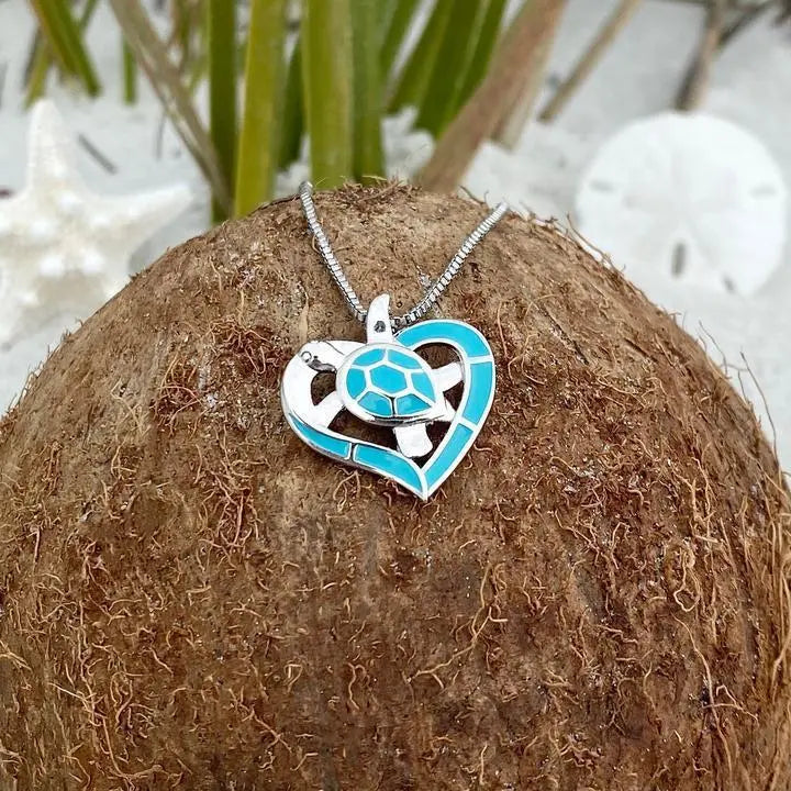 Turtle Heart Necklace Blue and Silver Unique Joyas