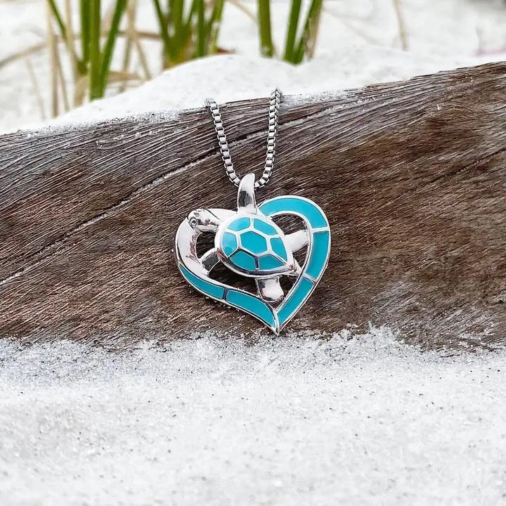 Turtle Heart Necklace Blue and Silver Unique Joyas
