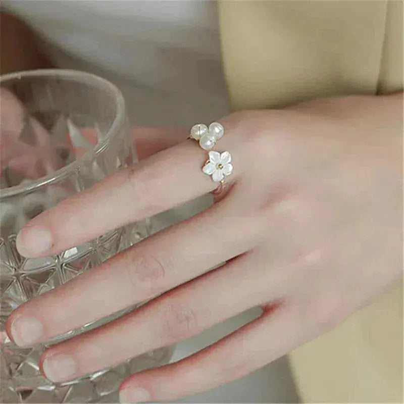 Adjustable Pearl Flower Ring in Gold Claire