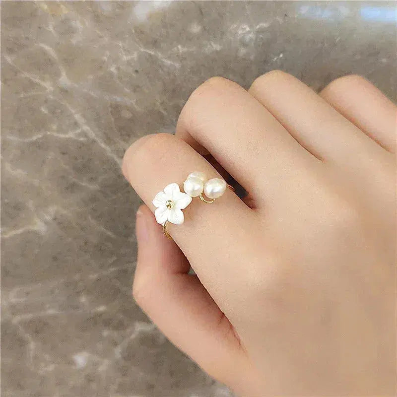 Adjustable Pearl Flower Ring in Gold Claire