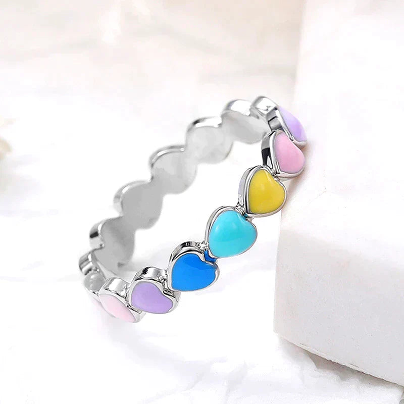 Rainbow Hearts Ring made of 925 Sterling Silver and Hand-Painted Enamel