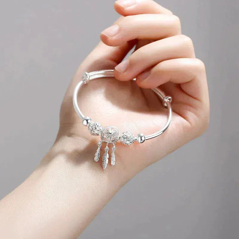 Adjustable bracelet with triple leaf charms made of 925 sterling silver Unique Joyas