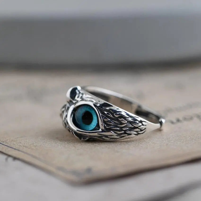 Owl of good luck adjustable ring in silver and opal Claire Jewelry