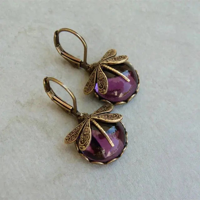 Spherical dragonfly earrings in antique gold Claire Jewelry