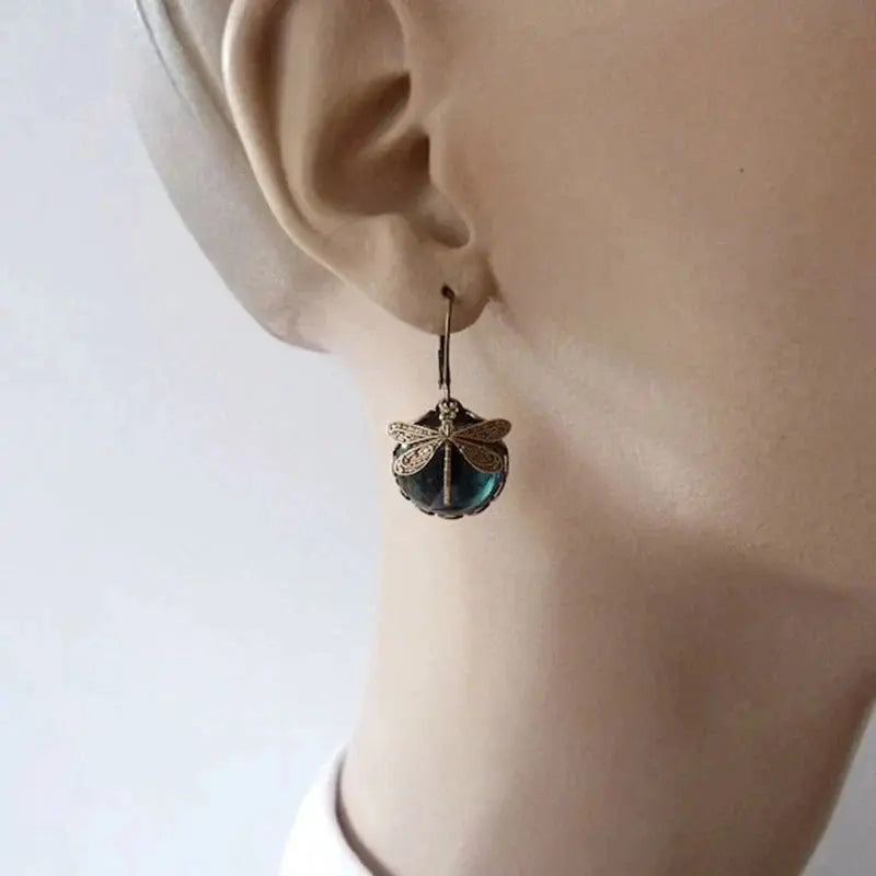 Spherical dragonfly earrings in antique gold Claire Jewelry