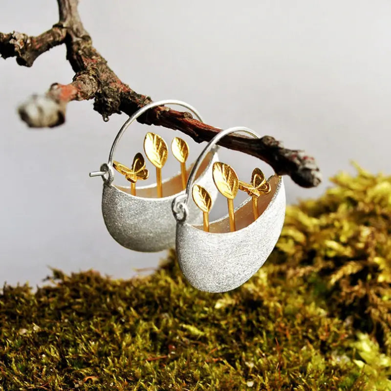 Gold-Plated Flower Basket Earrings in Silver Unique Joyas