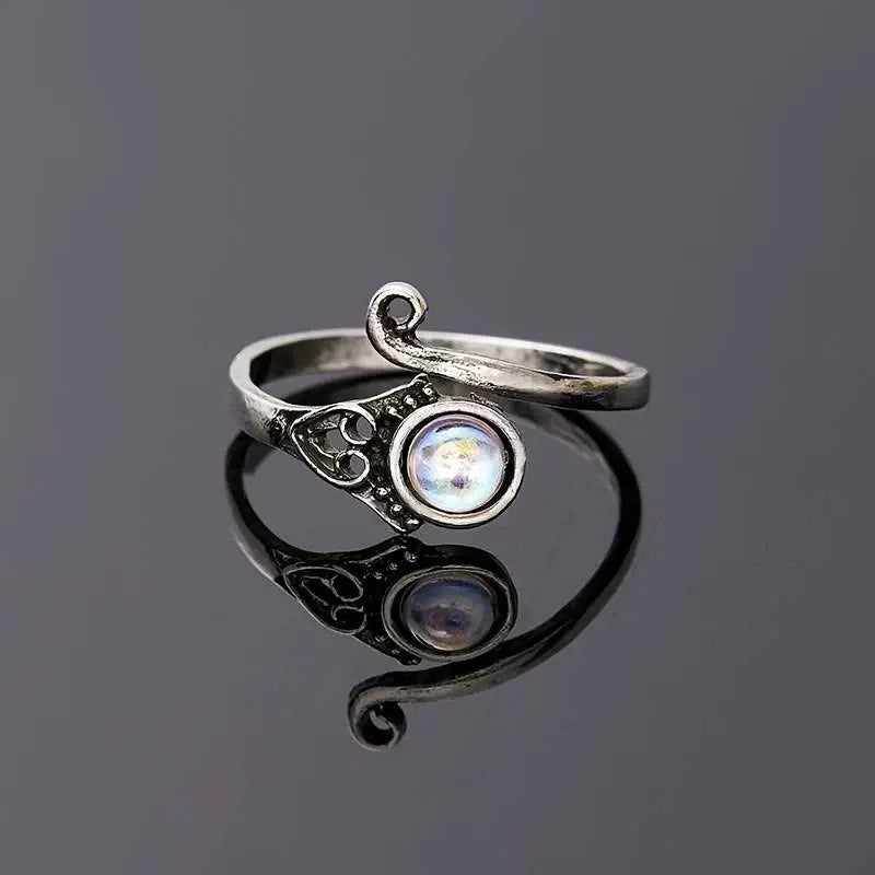 Vintage Open Moon Crystal Ring Unique Joyas