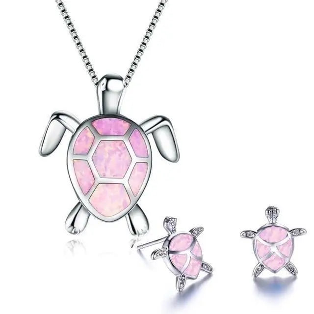Sea Turtle Necklace + Earrings Set made of Opal and Silver Unique Joyas