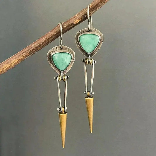 Ethnic Boho Earrings Made of Green Resin Stone Unique Joyas