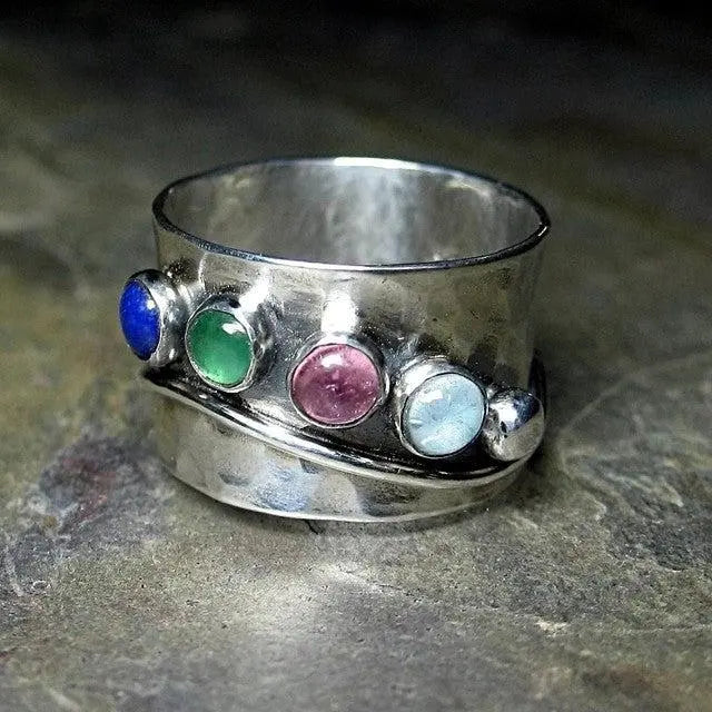 Boho Ring with Multicolored Crystals Unique Joyas