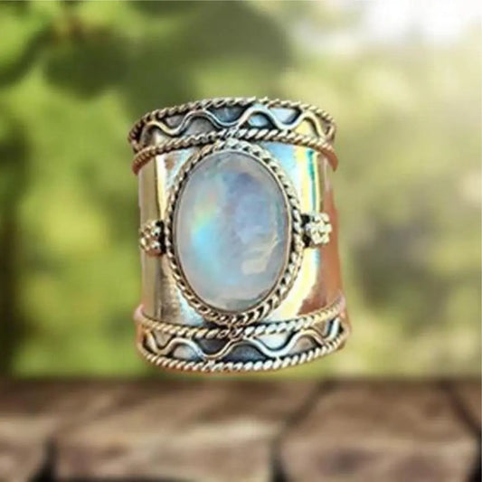 Bohemian Moonstone Ring with Wide Band Unique Joyas