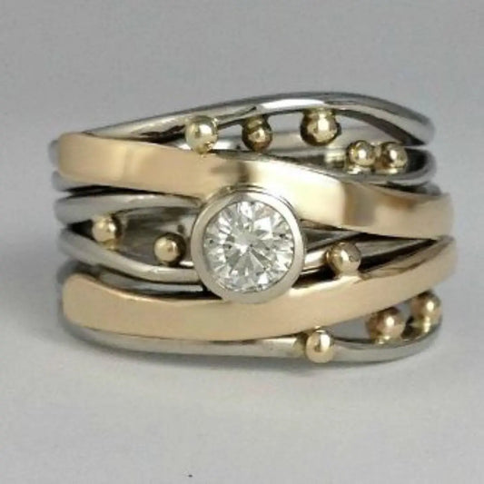 Vintage Gold Inlaid Zirconia Ring Unique Joyas
