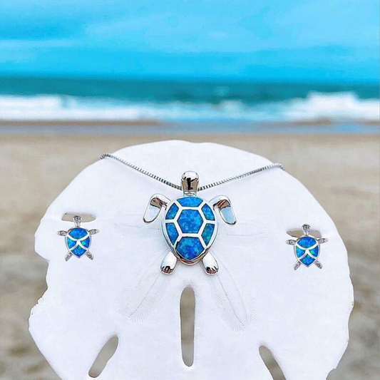 Set of necklace and earrings with opal sea turtles