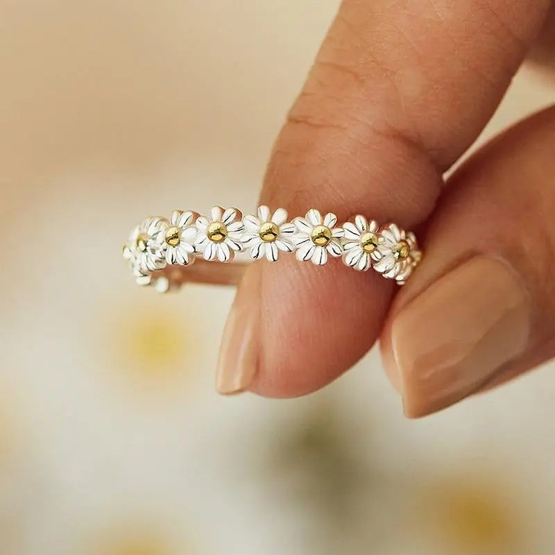 Adjustable Silver and Hand Painted Enamel Daisy Ring Claire Jewelry