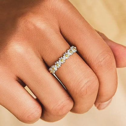Adjustable Silver and Hand Painted Enamel Daisy Ring Claire Jewelry