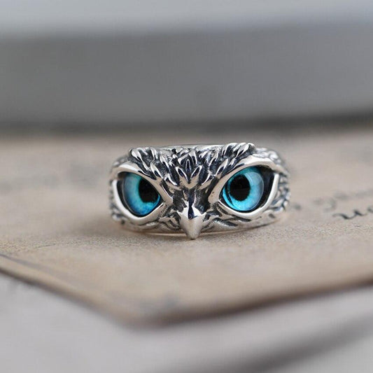 Owl of Good Luck adjustable ring made of silver and opal