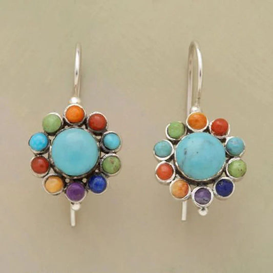 Earrings with multicolored stones in flower shape