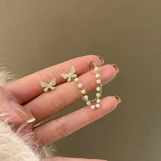 Gold Butterfly Pendant Earrings with Pearls and Zirconia Unique Joyas