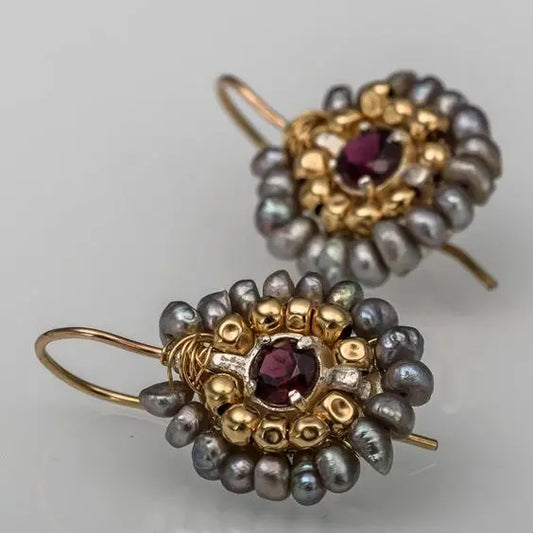 Vintage Gold & Gray Stone Earrings Unique Joyas