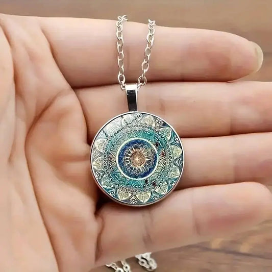 Vintage Rounded Blue Mandala Necklace Unique Joyas