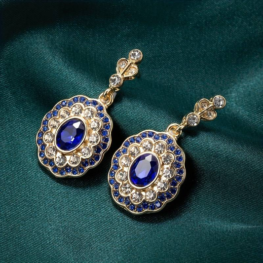 Vintage gold earrings with blue mandala crystal