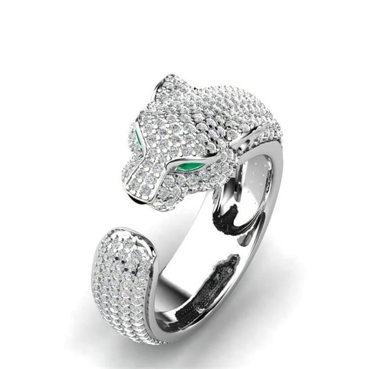 Adjustable Jaguar Ring made of 18K Silver and Rose Gold with Green Zirconia Eyes